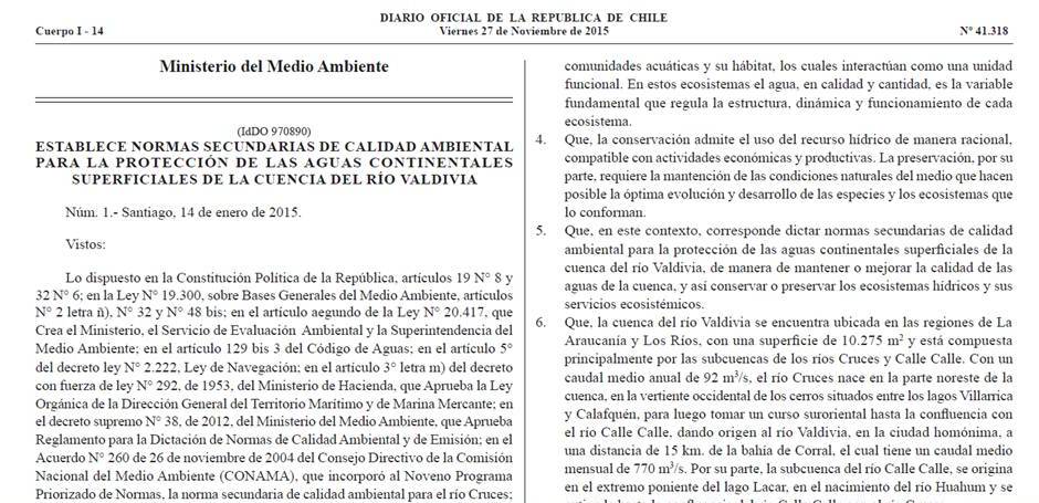 Senador De Urresti  valoró publicación de Norma de Calidad Secundaria de la cuenca del río Valdivia